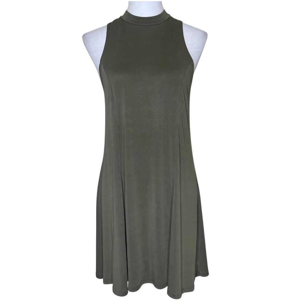 Mikey & Joey Olive Green Mock Neck Skater Dress Sleeveless Size Small - Picture 2 of 10